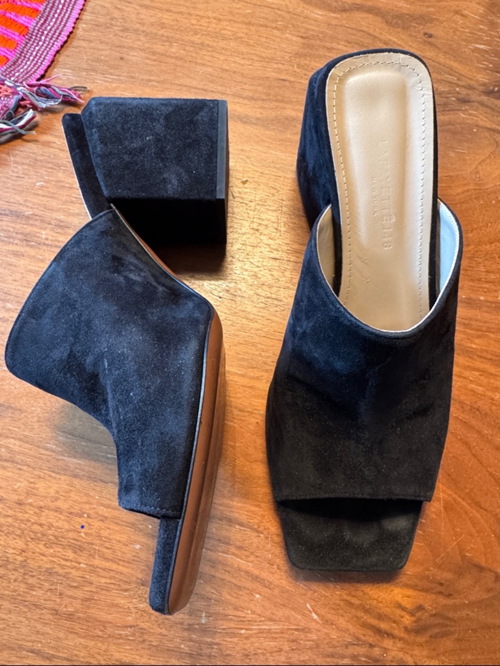 Lafayette 148 New York Black Suede Open-Toe Block Heel Mules made in Italy